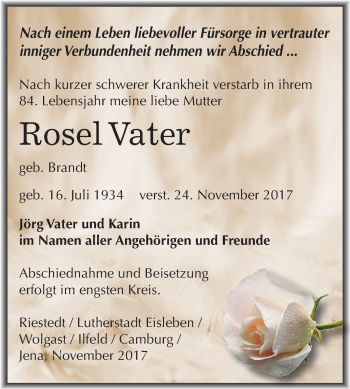 Traueranzeige von Rosel Vater von Mitteldeutsche Zeitung Sangerhausen
