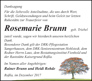 Traueranzeige von Rosemarie Brunn von Mitteldeutsche Zeitung