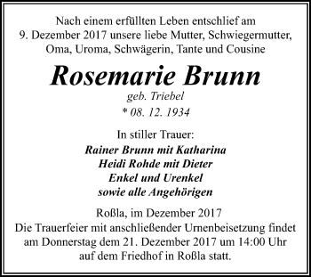 Traueranzeige von Rosemarie Brunn von Mitteldeutsche Zeitung