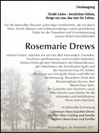 Traueranzeige von Rosemarie Drews von WVG - Wochenspiegel Quedlinburg