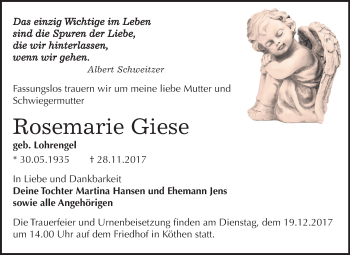 Traueranzeige von Rosemarie Giese von Mitteldeutsche Zeitung