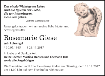 Traueranzeige von Rosemarie Giese von WVG - Wochenspiegel Dessau / Köthen