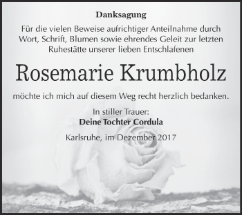 Traueranzeige von Rosemarie Krumbholz von WVG - Wochenspiegel Bitterfeld