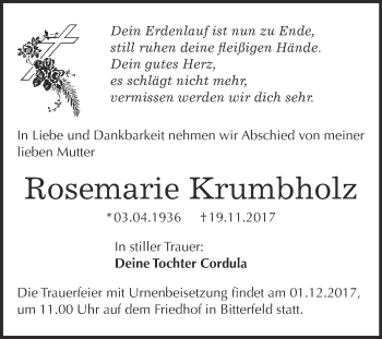 Traueranzeige von Rosemarie Krumbholz von WVG - Wochenspiegel Bitterfeld