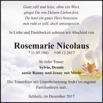 Traueranzeige von Rosemarie Nicolaus von Mitteldeutsche Zeitung Bitterfeld