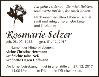 Traueranzeige von Rosmarie Selzer von Super Sonntag Zeitz