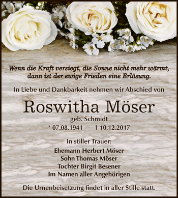 Traueranzeige von Roswitha Möser von WVG - Wochenspiegel Dessau / Köthen