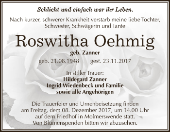 Traueranzeige von Roswitha Oehmig von Super Sonntag SGH Mansf. Land