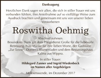 Traueranzeige von Roswitha Oehmig von Super Sonntag SGH Mansf. Land