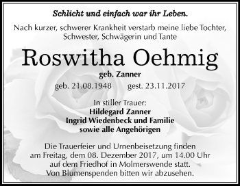 Traueranzeige von Roswitha Oehmig von Mitteldeutsche Zeitung