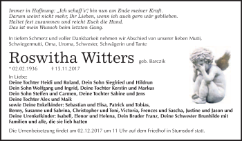 Traueranzeige von Roswitha Witters von WVG - Wochenspiegel Bitterfeld