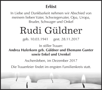 Traueranzeige von Rudi Güldner von Super Sonntag Aschersleben