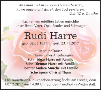 Traueranzeige von Rudi Harre von Mitteldeutsche Zeitung Halle/Saalkreis
