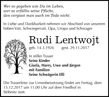 Traueranzeige von Rudi Lentwojt von Mitteldeutsche Zeitung