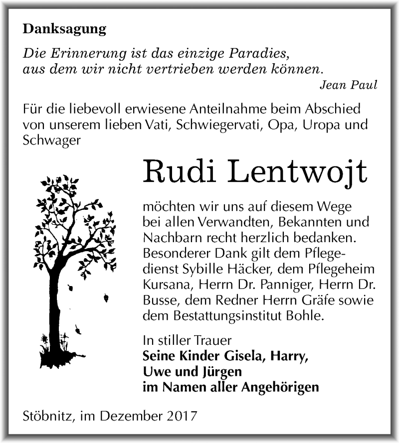  Traueranzeige für Rudi Lentwojt vom 30.12.2017 aus Mitteldeutsche Zeitung Merseburg/Querfurt