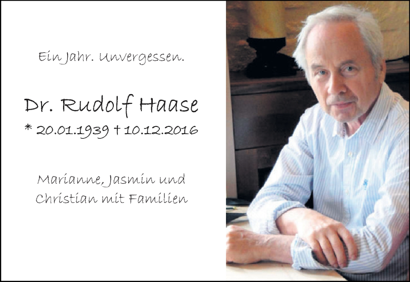  Traueranzeige für Rudolf Haase vom 09.12.2017 aus WVG - Wochenspiegel Dessau / Köthen
