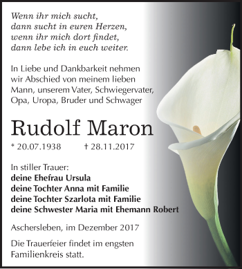 Traueranzeige von Rudolf Maron von Mitteldeutsche Zeitung Aschersleben