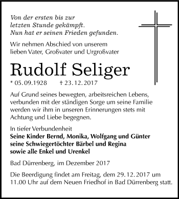 Traueranzeige von Rudolf Seliger von Mitteldeutsche Zeitung Merseburg/Querfurt
