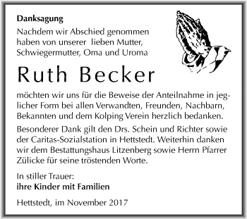Traueranzeige von Ruth Becker von Mitteldeutsche Zeitung