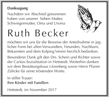 Traueranzeige von Ruth Becker von Wochenspiegel Mansfelder Land
