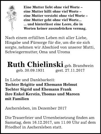 Traueranzeige von Ruth Chielinski von Mitteldeutsche Zeitung Aschersleben