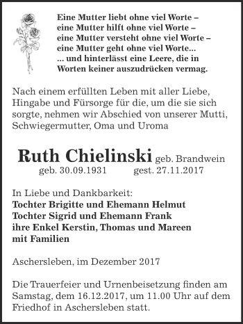 Traueranzeige von Ruth Chielinski von Super Sonntag Aschersleben