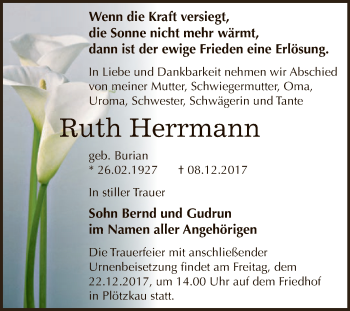 Traueranzeige von Ruth Herrmann von Super Sonntag Bernburg