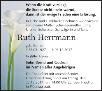 Traueranzeige von Ruth Herrmann von Mitteldeutsche Zeitung Bernburg