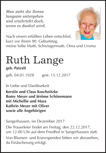 Traueranzeige von Ruth Lange von Mitteldeutsche Zeitung Sangerhausen
