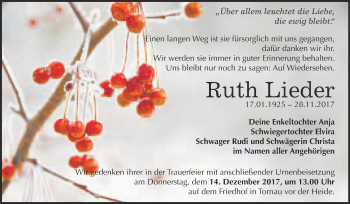 Traueranzeige von Ruth Lieder von WVG - Wochenspiegel Bitterfeld
