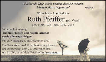 Traueranzeige von Ruth Pfeiffer von Mitteldeutsche Zeitung Aschersleben