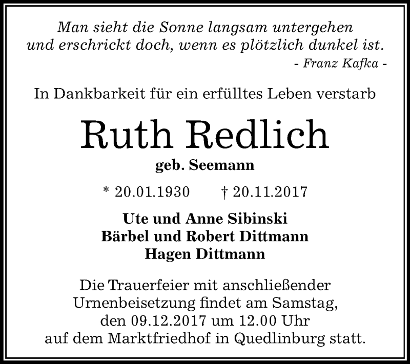  Traueranzeige für Ruth Redlich vom 02.12.2017 aus Mitteldeutsche Zeitung