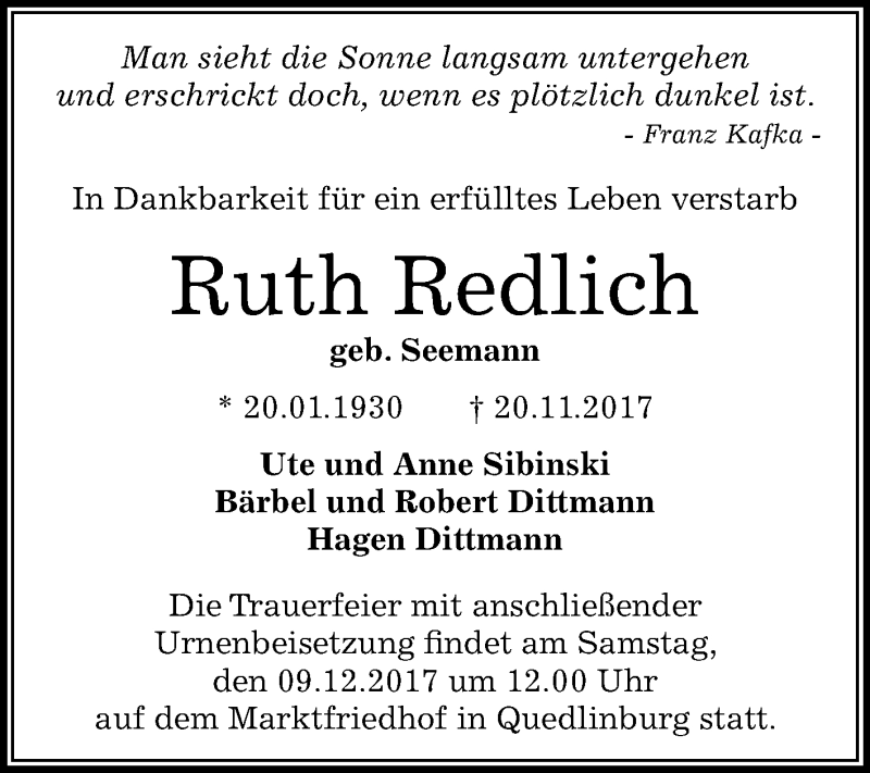  Traueranzeige für Ruth Redlich vom 02.12.2017 aus WVG - Wochenspiegel Quedlinburg