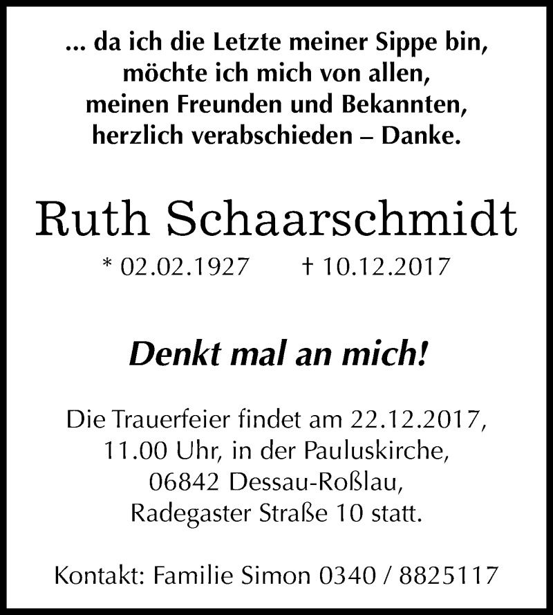  Traueranzeige für Ruth Schaarschmidt vom 16.12.2017 aus Mitteldeutsche Zeitung Dessau-Roßlau