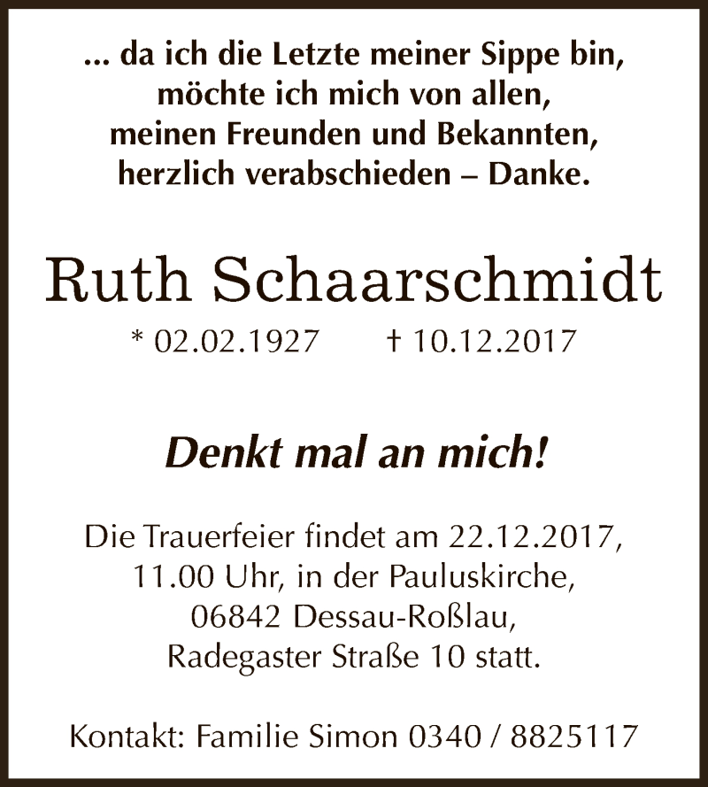  Traueranzeige für Ruth Schaarschmidt vom 16.12.2017 aus WVG - Wochenspiegel Dessau / Köthen