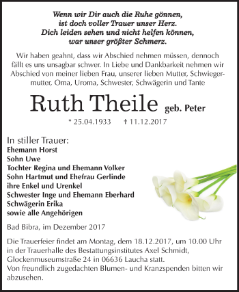 Traueranzeige von Ruth Theile von Mitteldeutsche Zeitung