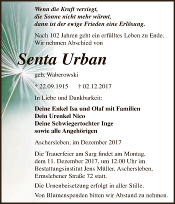 Traueranzeige von Senta Urban von Super Sonntag Aschersleben