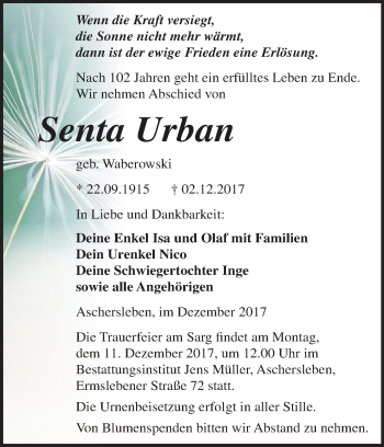 Traueranzeige von Senta Urban von Mitteldeutsche Zeitung Aschersleben