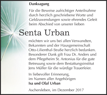 Traueranzeige von Senta Urban von Super Sonntag Aschersleben