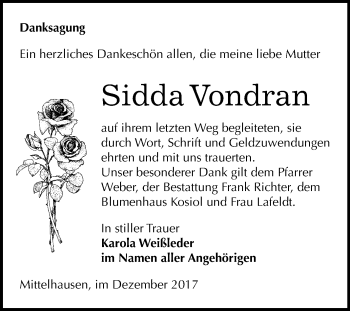 Traueranzeige von Sidda Vondran von Mitteldeutsche Zeitung Sangerhausen