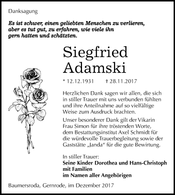 Traueranzeige von Siegfried Adamski von Mitteldeutsche Zeitung