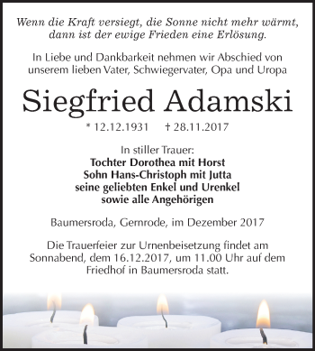 Traueranzeige von Siegfried Adamski von Mitteldeutsche Zeitung