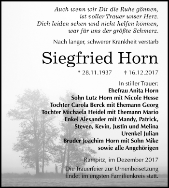 Traueranzeige von Siegfried Horn von Mitteldeutsche Zeitung Merseburg/Querfurt