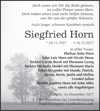 Traueranzeige von Siegfried Horn von WVG - Wochenspiegel Merseburg