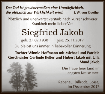 Traueranzeige von Siegfried Jakob von WVG - Wochenspiegel NMB / WSF / ZTZ