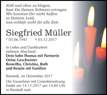 Traueranzeige von Siegfried Müller von Super Sonntag SGH Mansf. Land