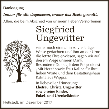 Traueranzeige von Siegfried Ungewitter von Wochenspiegel Mansfelder Land