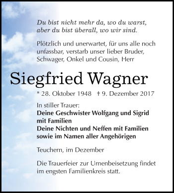 Traueranzeige von Siegfried Wagner von WVG - Wochenspiegel NMB / WSF / ZTZ