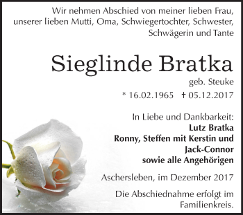 Traueranzeige von Sieglinde Bratka von Mitteldeutsche Zeitung Aschersleben