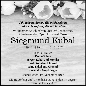 Traueranzeige von Siegmund Kubal von Mitteldeutsche Zeitung Aschersleben